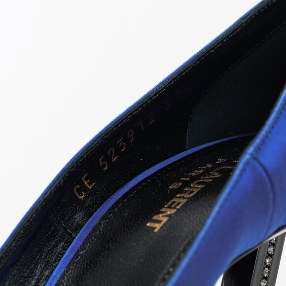 Saint Laurent Tower 110 Bleu Silk Satin Strass-Embellished Pointed-Toe Pumps - Picture 11 of 12